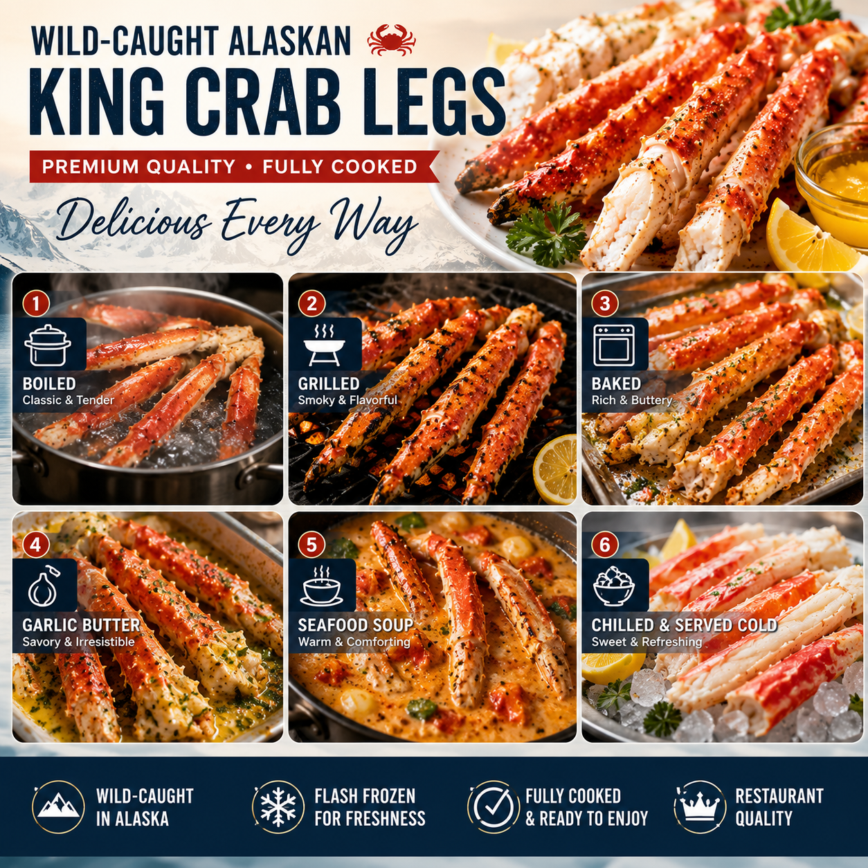 🔥 Wild-Caught Alaskan King Crab Legs – Jumbo Restaurant Quality | Fully Cooked & Flash Frozen