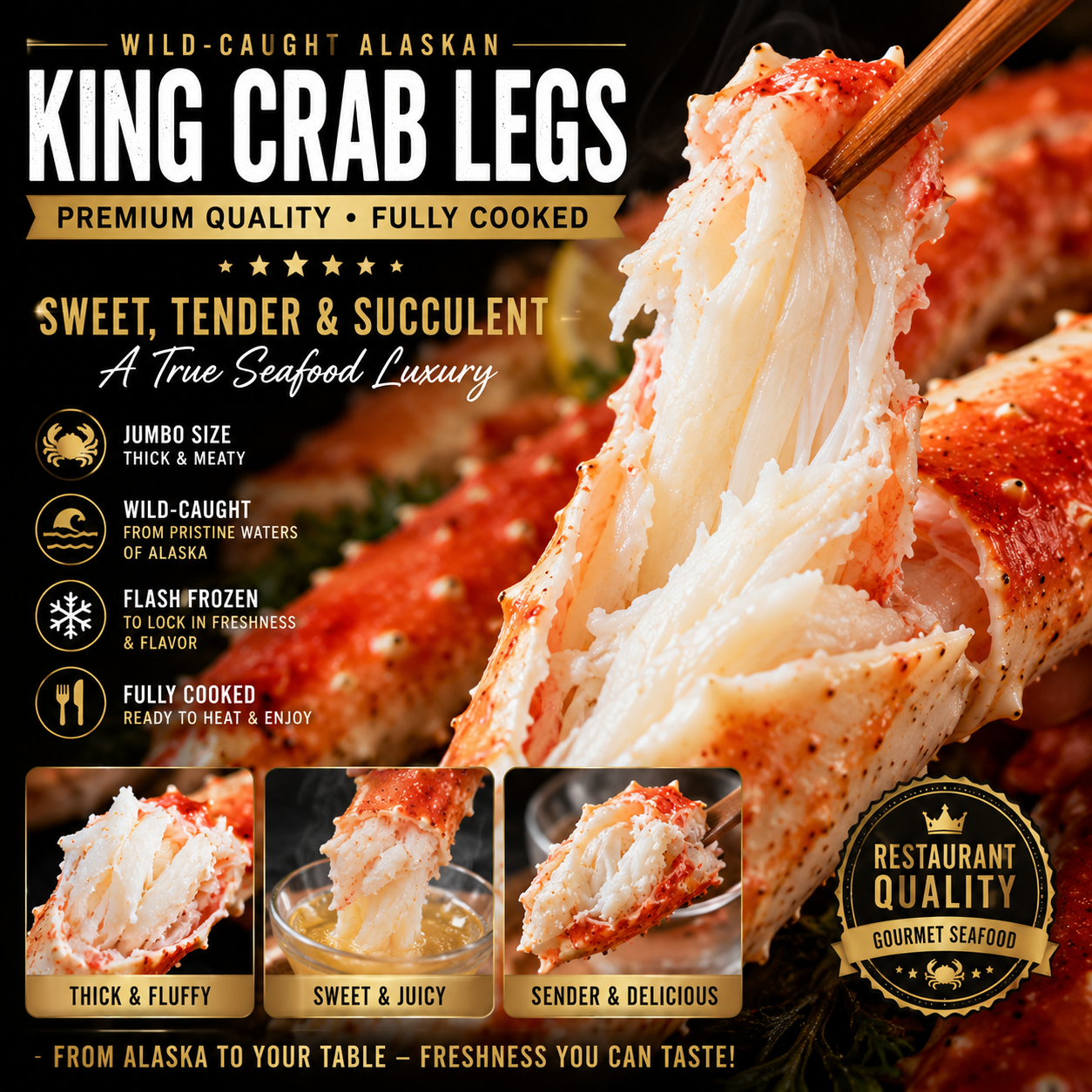 🔥 Wild-Caught Alaskan King Crab Legs – Jumbo Restaurant Quality | Fully Cooked & Flash Frozen