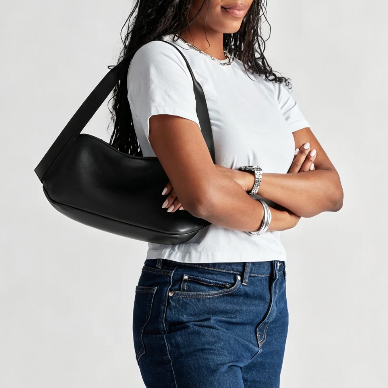 Smooth Natural Leather Zip Shoulder Handbag